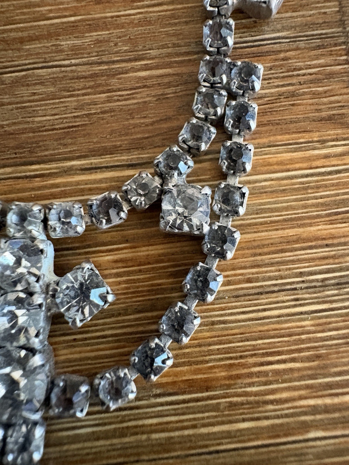 Vintage ArtDeco Necklace Clear / Gray Rhinestone Rhodium Plate Prong Princess