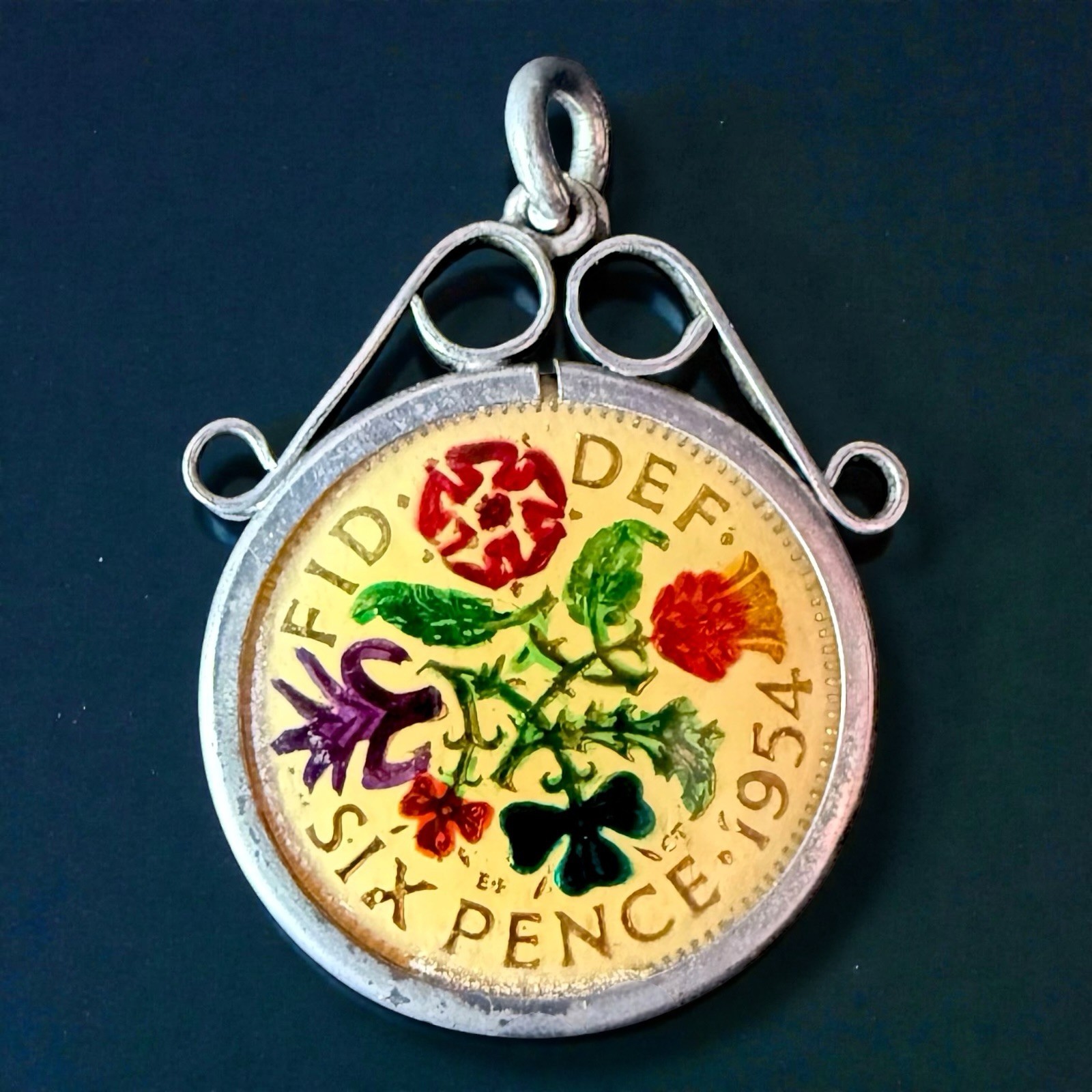 Lucky Sixpence Pendant British Coin Charm Queen Elizabeth II Vintage 1954