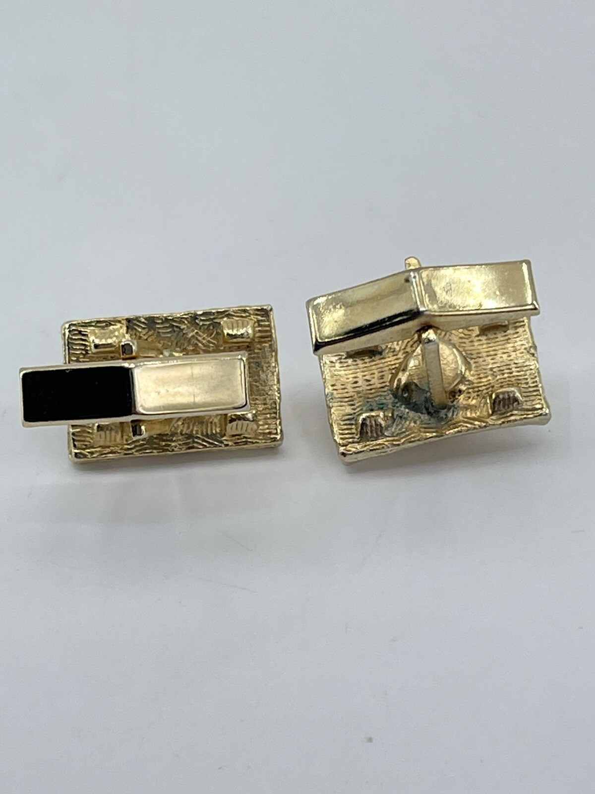 Vintage Faux Pearl mens cufflinks rectangle brushed gold tone concave whale back