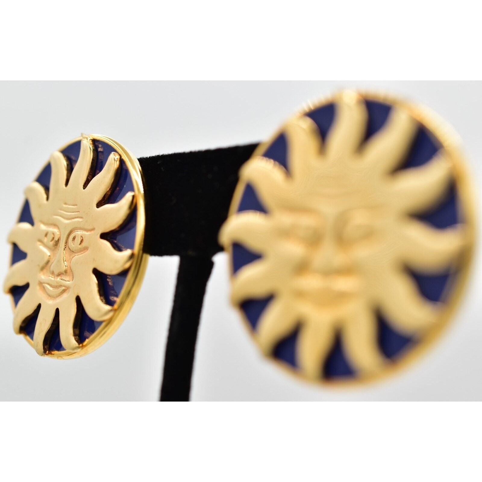 Vintage Sun Face Earrings Heavy Chunky Round Deep Blue Enamel Solar 1980s BinBK