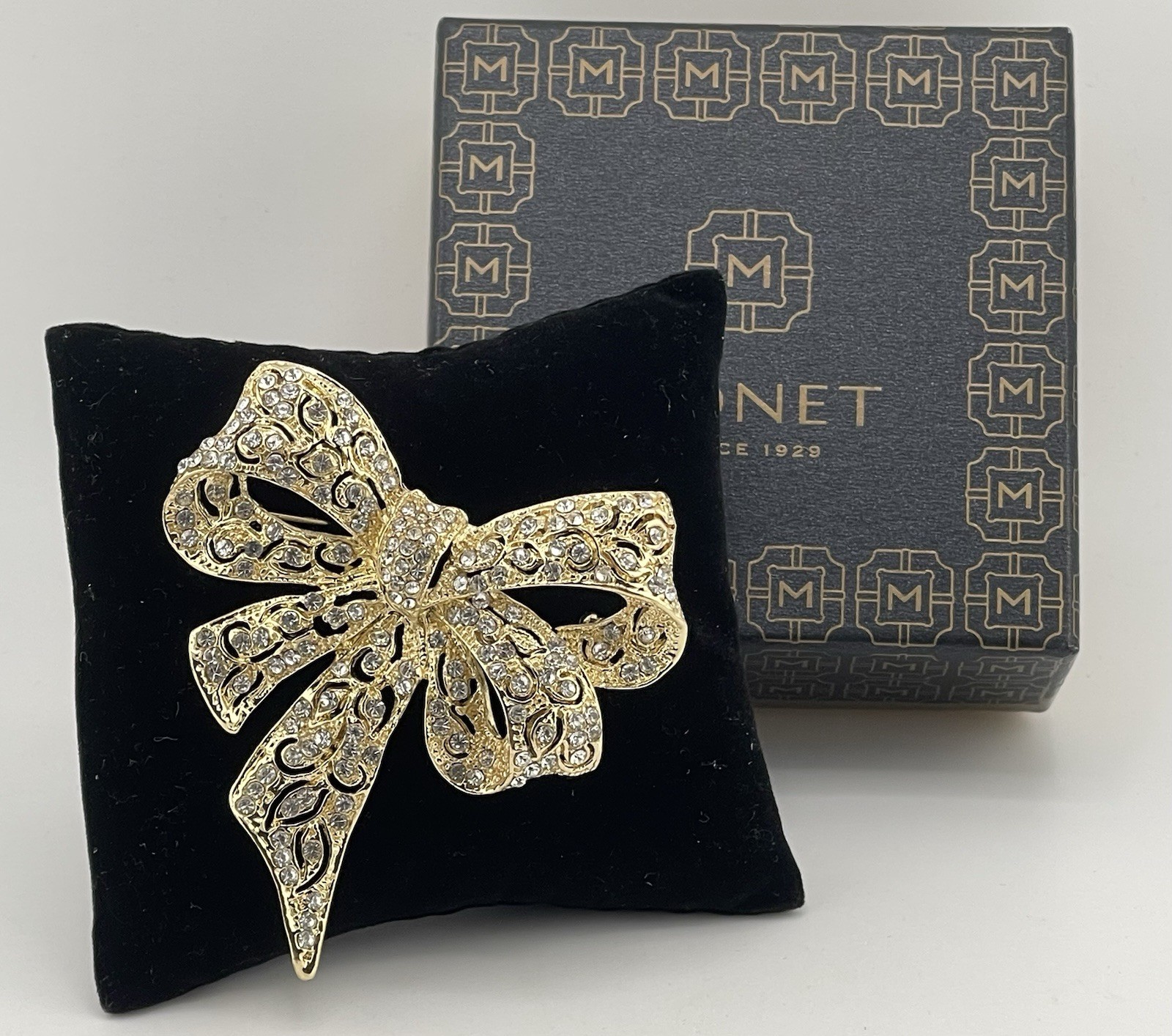 Vintage Monet Gold-Tone Rhinestone Bow Brooch -Statement Pavé Crystal Ribbon Pin