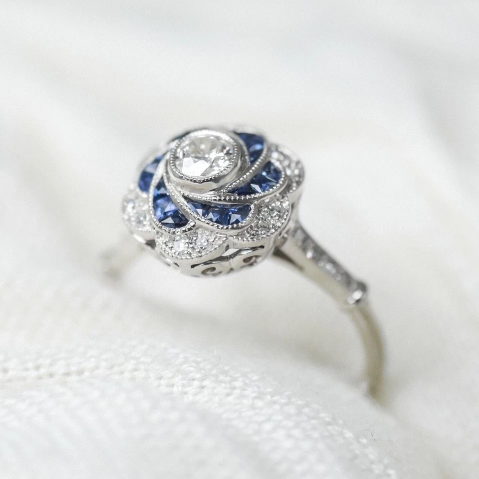 Art Deco Style Lab Created Diamond & Sapphire Anniversary 14K White Gold FN Ring