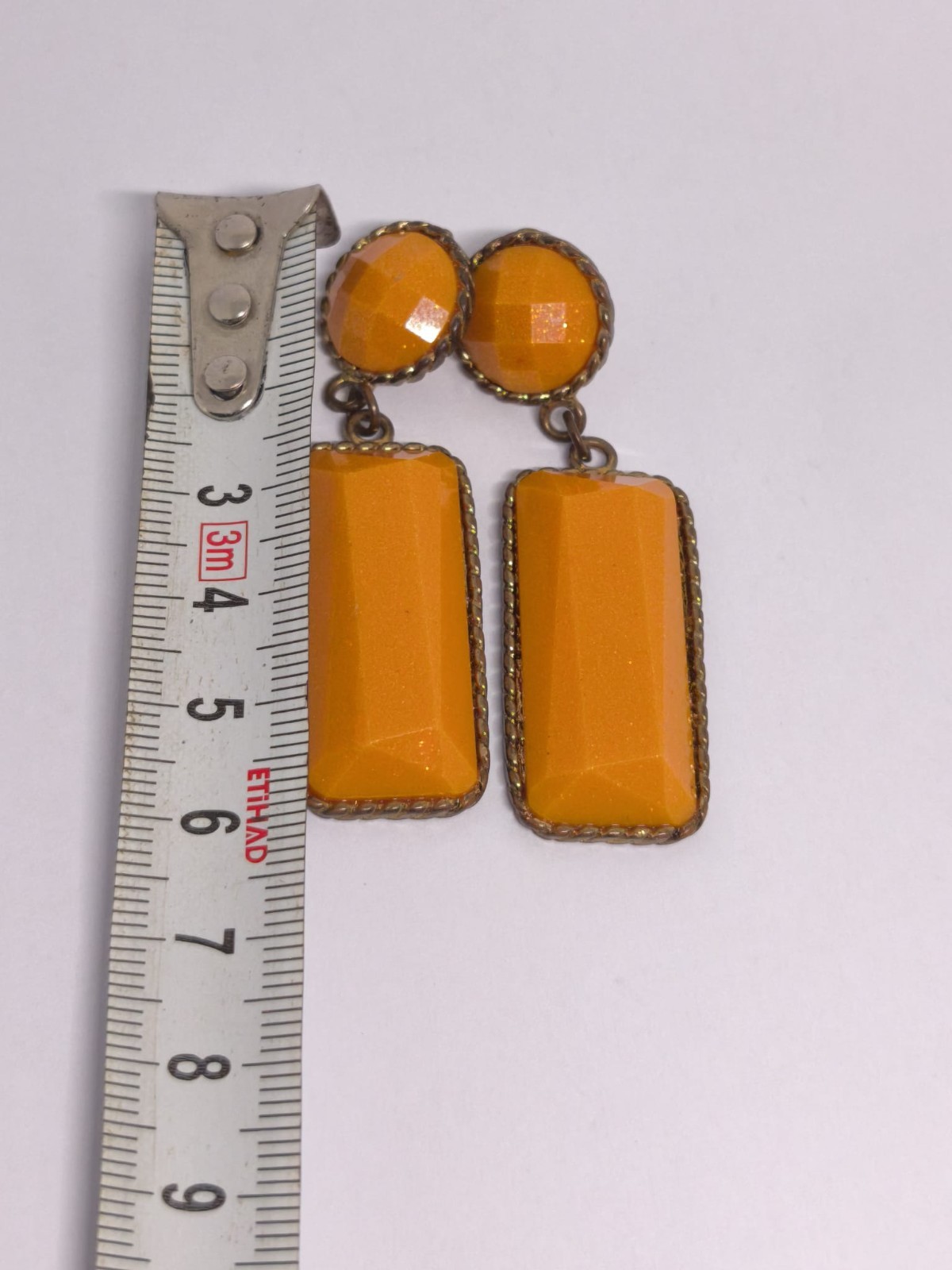 Vintage Art Deco Orange Lucite Dangle Earrings Gold Tone Geometric Statement