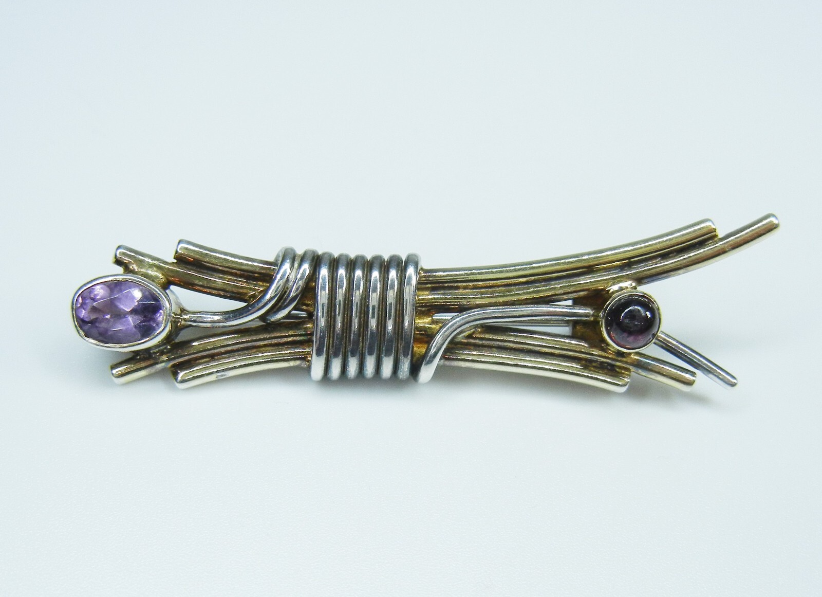 Vintage YES 925 Sterling Silver Amethyst Two Tone Modernist Abstract Brooch Pin