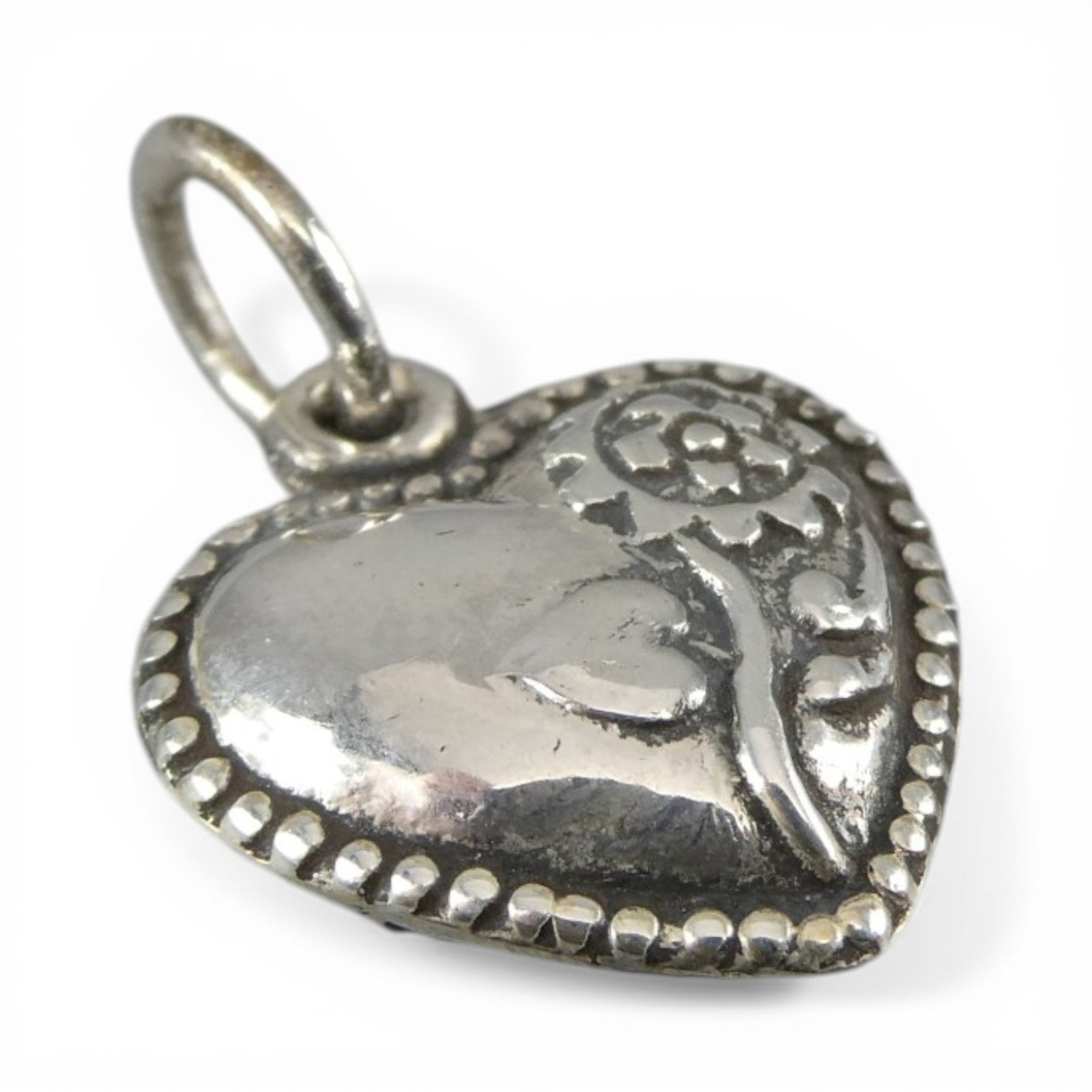 Sterling Silver Sunflower Puffy Heart Charm for Bracelet Beaded Vintage New 23