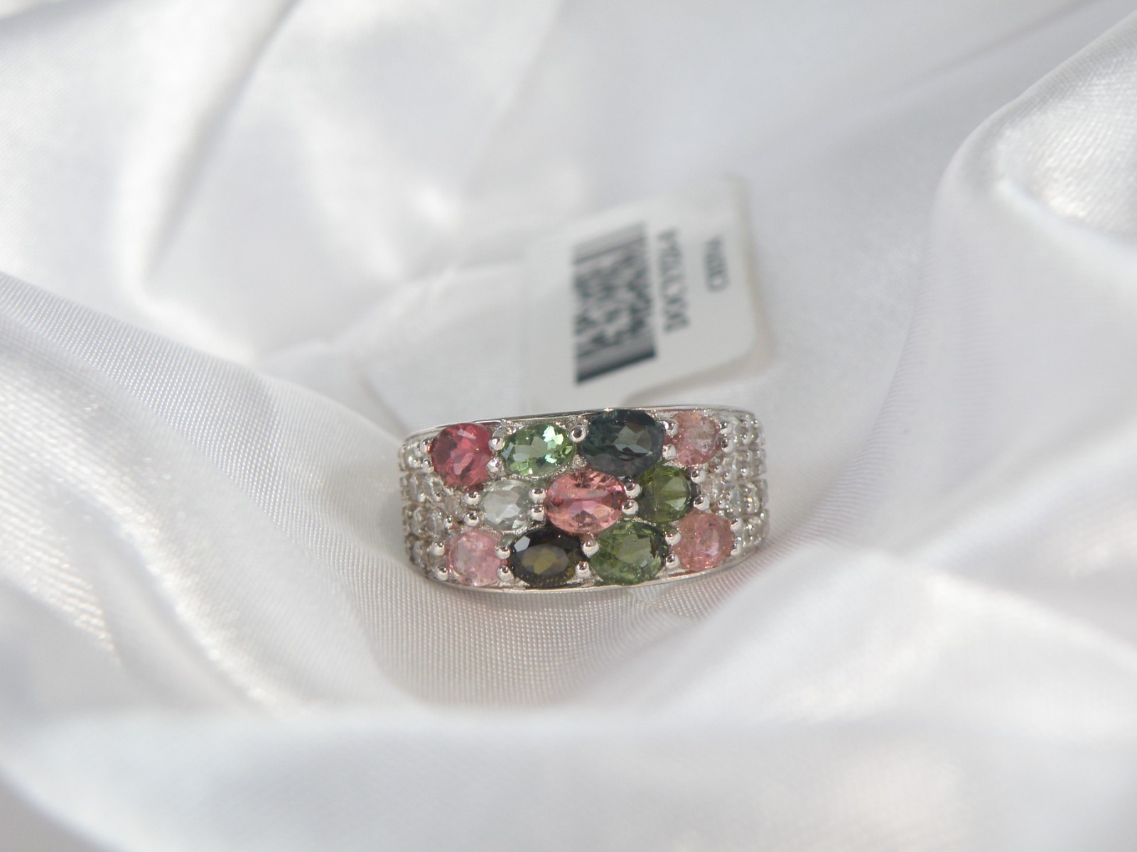 Sterling Silver 925 Multi Row Natural Tourmaline Ring Size 8