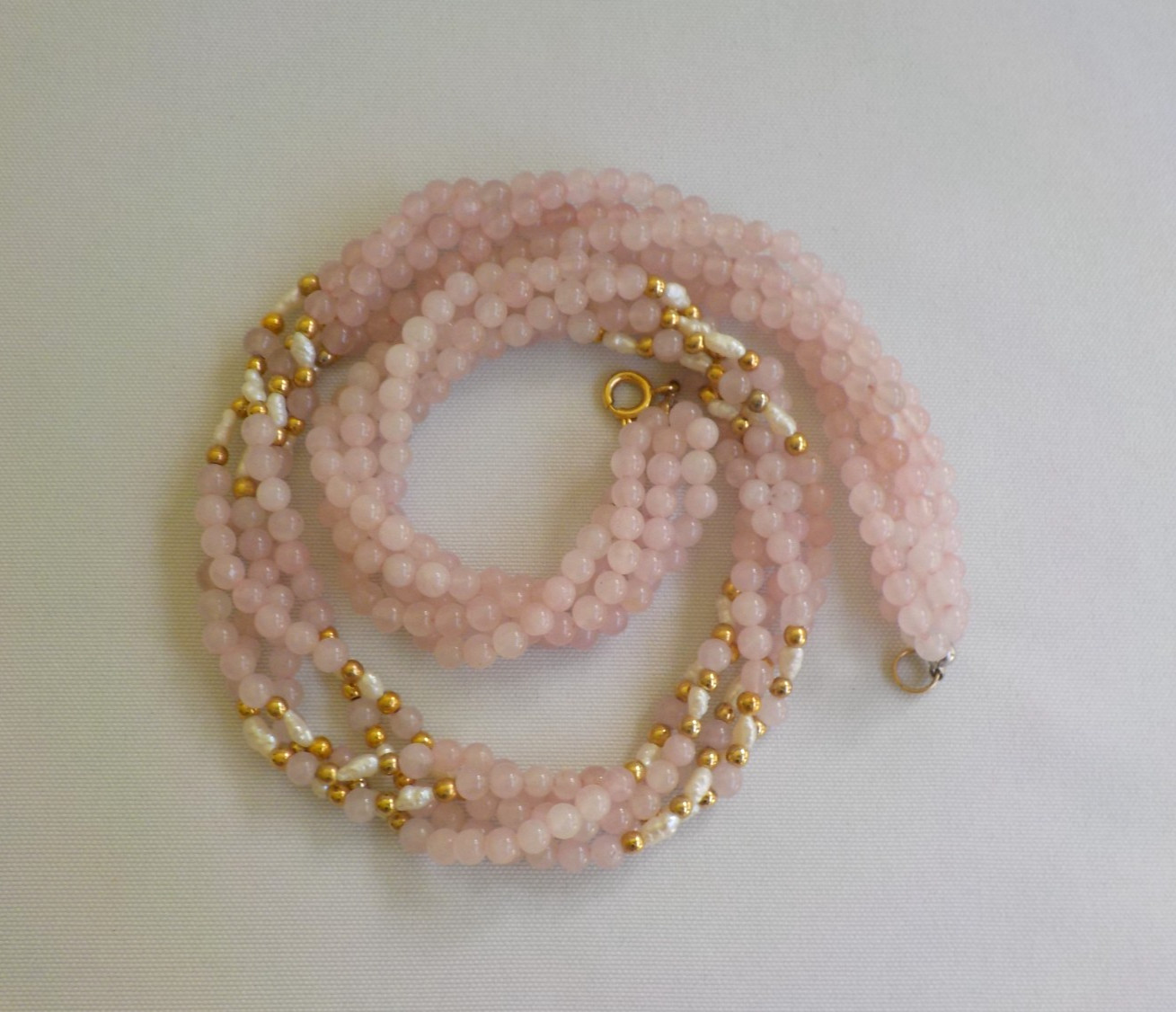 Pink Quartz Rice Pearl Twist Necklace Ball Bead 17″ Long Gold Tone Metal