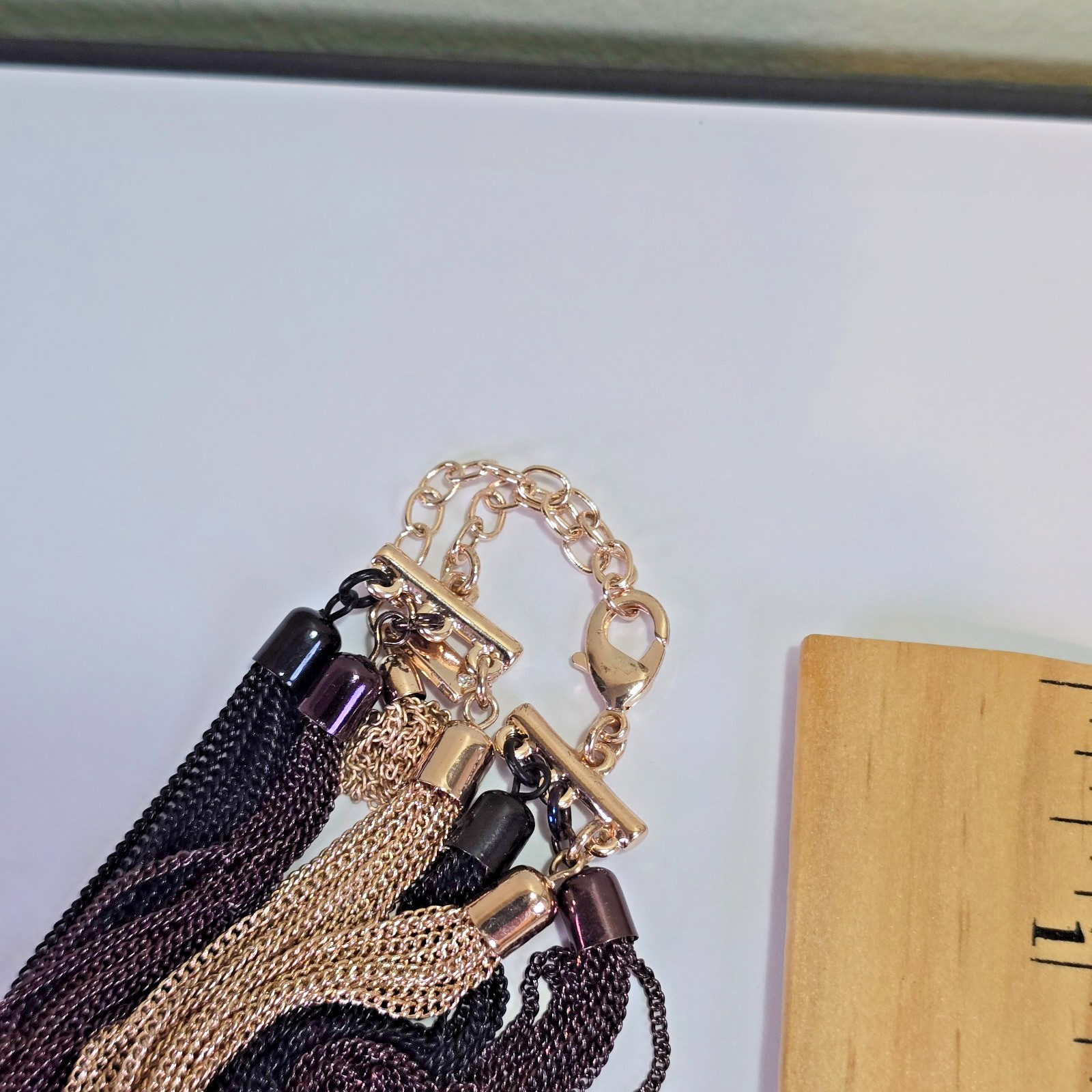 Black Gold Tone Multi Strand Tassel Necklace Bracelet Hoop Earrings Jewelry Set