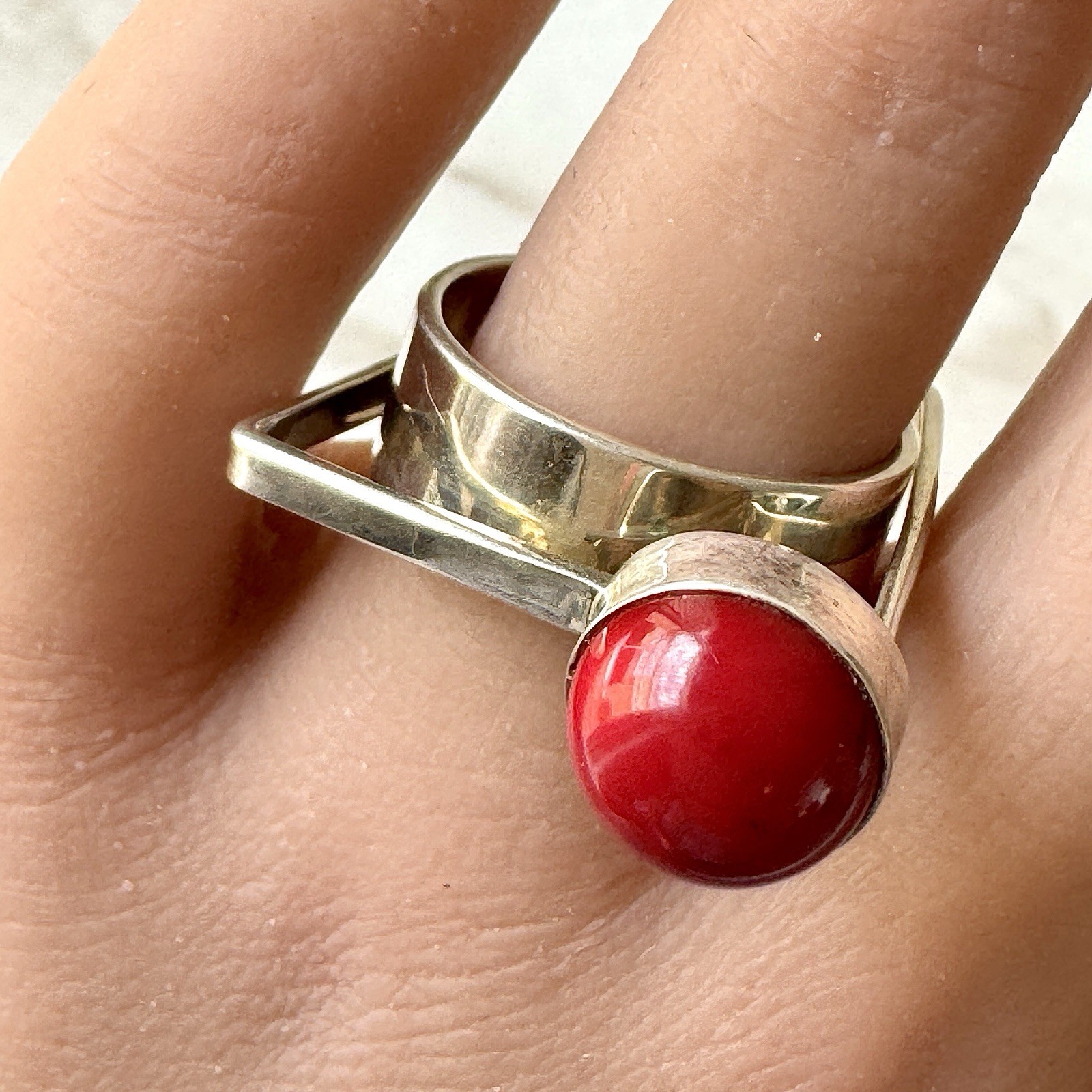 Red Index Finger Modernist Ring Square Geometric SZ 9 Signed Sterling Silver 925