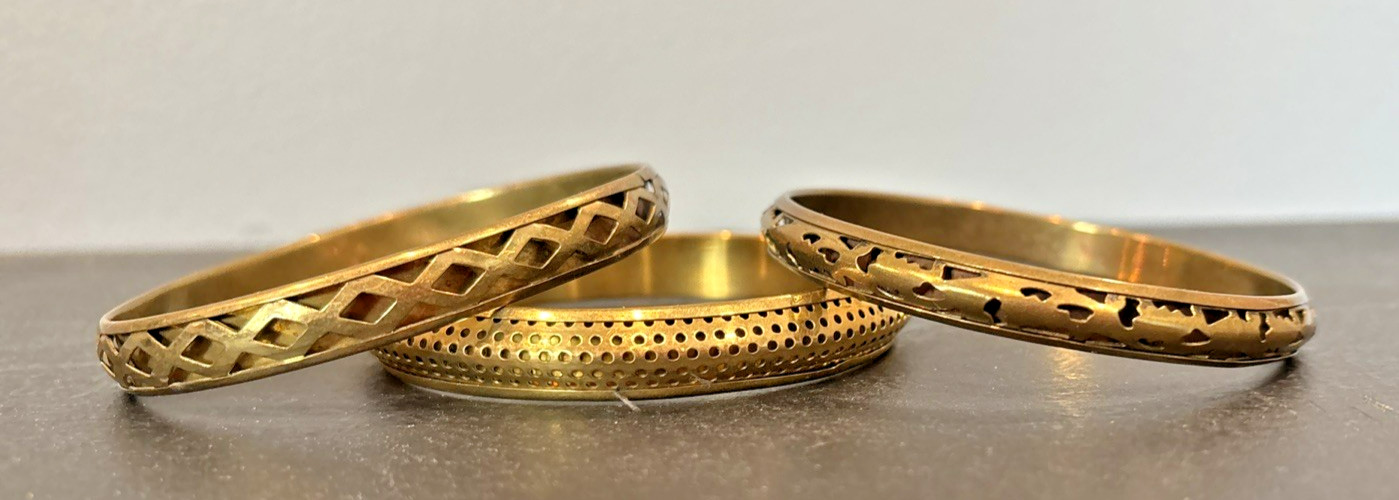 3 Brass/ Bronze Metal Bangle Bracelets w/ Pierced Patterns Designs Antique Look