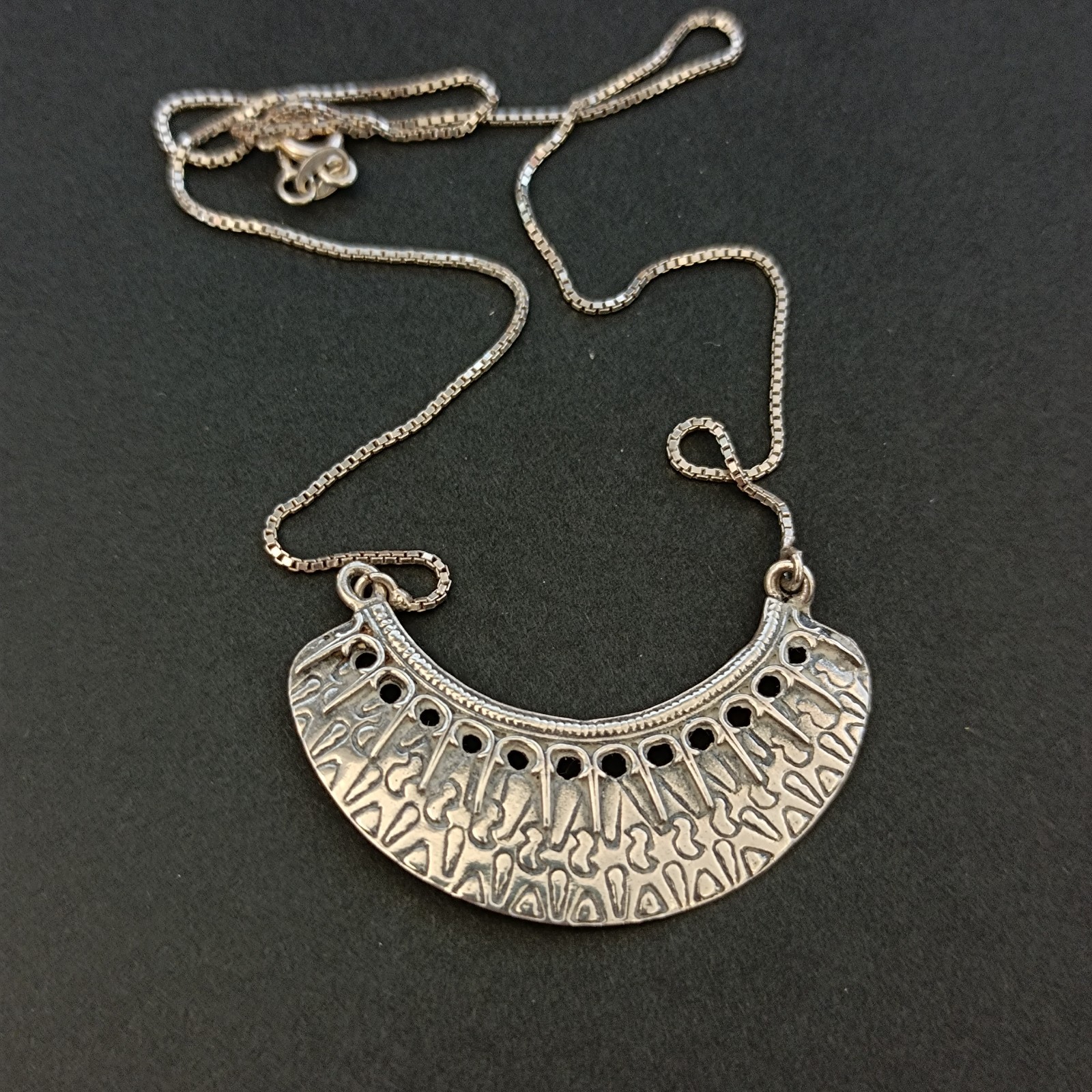 Vintage Sterling Silver Moon Crescent Necklace Ethnic Folk Inspired Engraved Bib