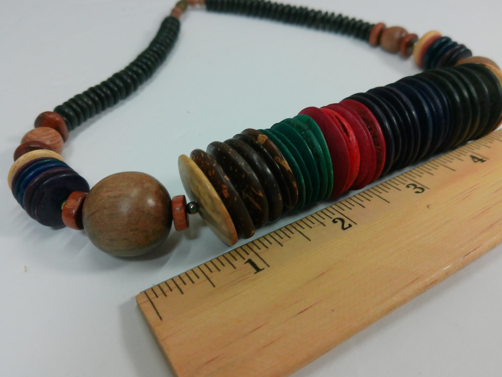Vtg Chunky African Nut Wood Seed Disk Colorful Beaded Ethnic Choker 17″ Necklace