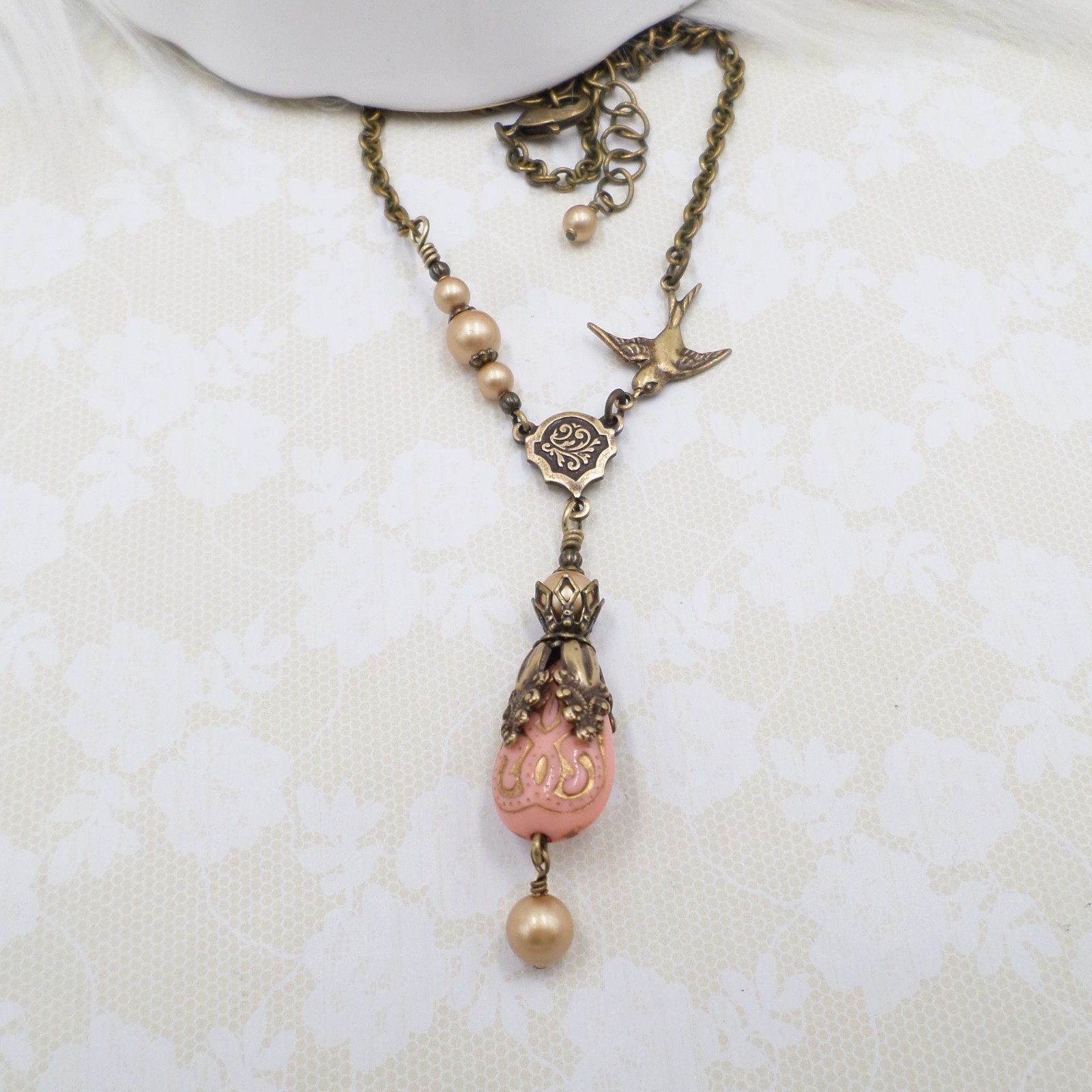 Victorian Style Brass Bird Necklace Pink Acrylic Bead Gold Pearl Handmade Unique
