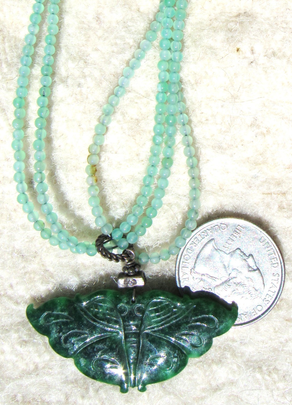 Fine Hand Carved Vintage Chinese Spinach Jade Butterfly Pendant Necklace 17.65gm