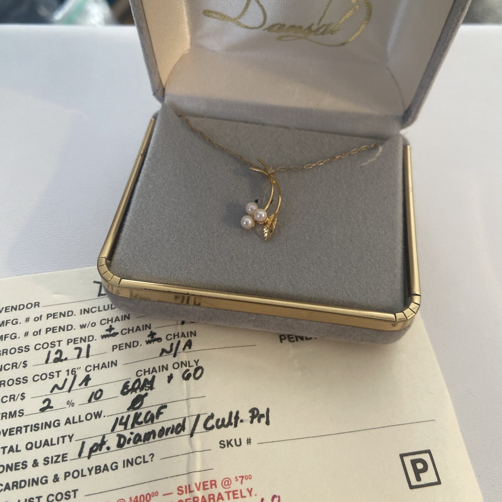 VTG Cultured Pearl & Diamond Accent Pendant Gold Filled 18″Necklace NOS