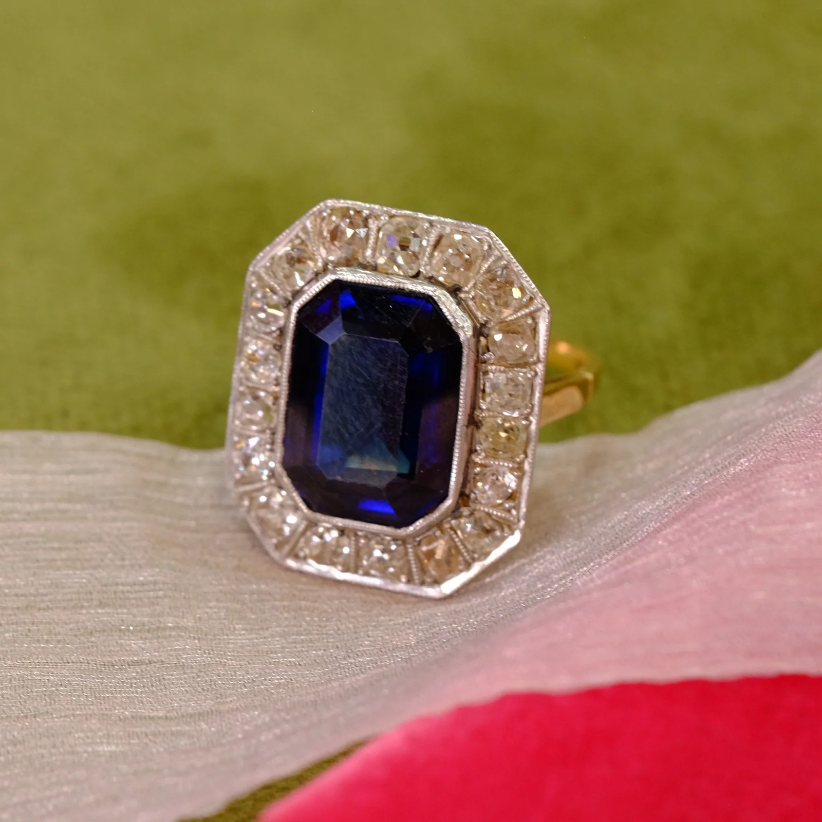 Old Mine Cut Diamond Sapphire Ring