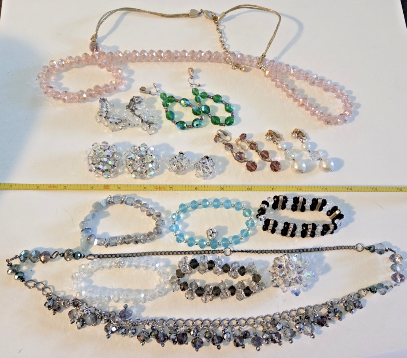 Vtg 14pc Crystal Aurora Borealis AB Beaded Jewelry Lot Bracelet Earrings etc 151