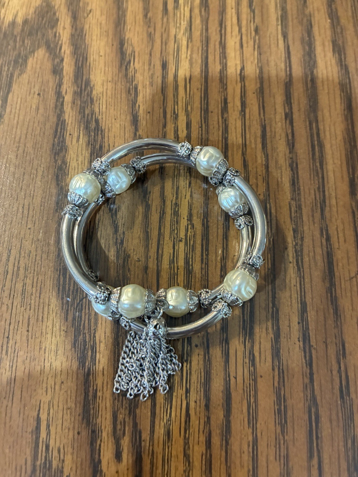 Vintage wrap around silver tone bracelet with Faux pearls and chain tassels 15”