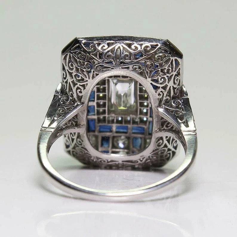 Art Deco Style Lab Created Diamond & Sapphire 925 Silver Anniversary Gift Ring