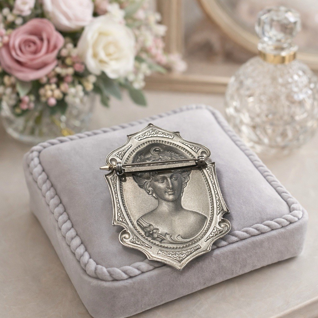 Vtg Silver Tone Repoussé Cameo Brooch – 2.5” – Victorian Style Reproduction