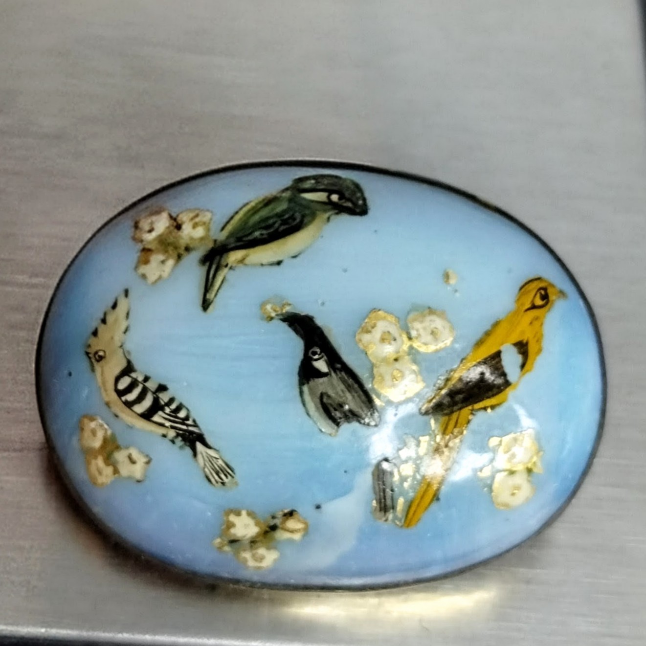 Antique Opalescent Glass Brooch Hand-Painted Birds C Clasp Victorian 1.5″