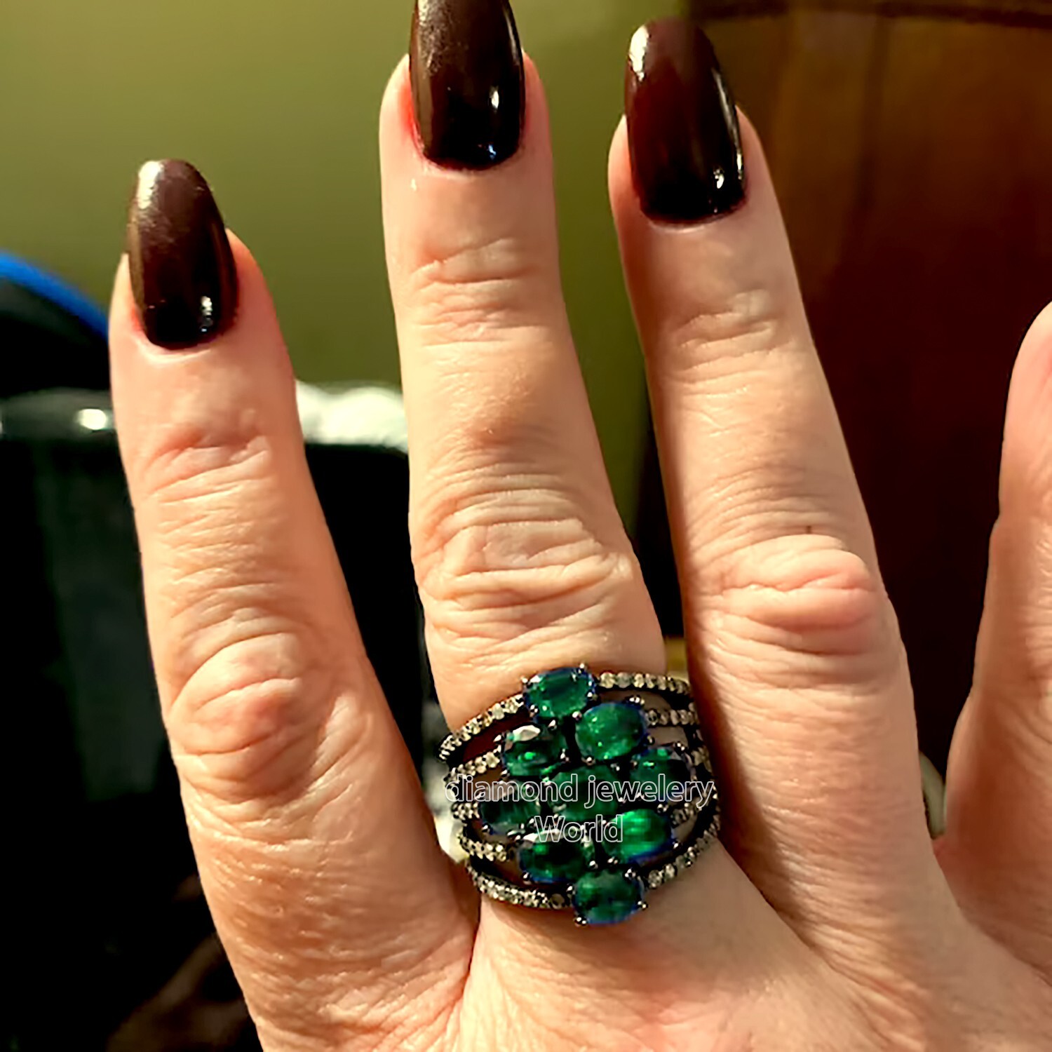 2.48ctw Rose Cut Diamond Emerald Studded Silver Victorian Gorgeous Ring Jewelry