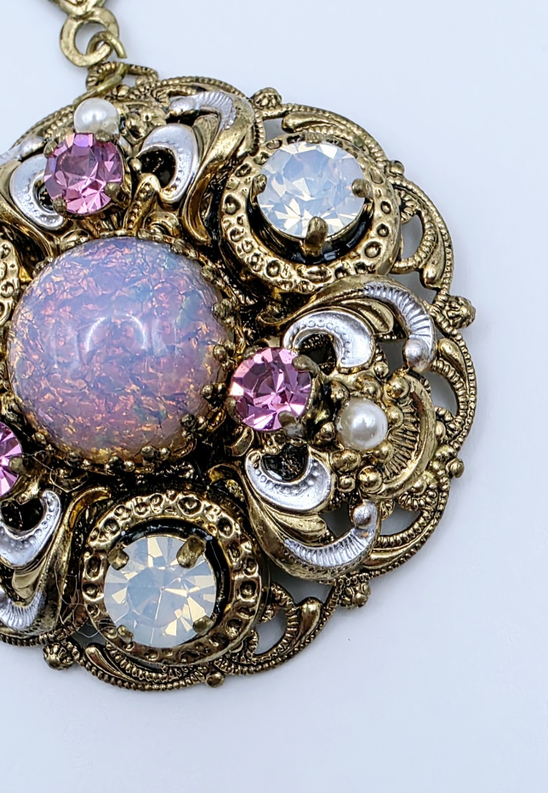 Vtg West Germany Filigree Pendant Necklace Pink Faux Opal Rhinestone Pearl