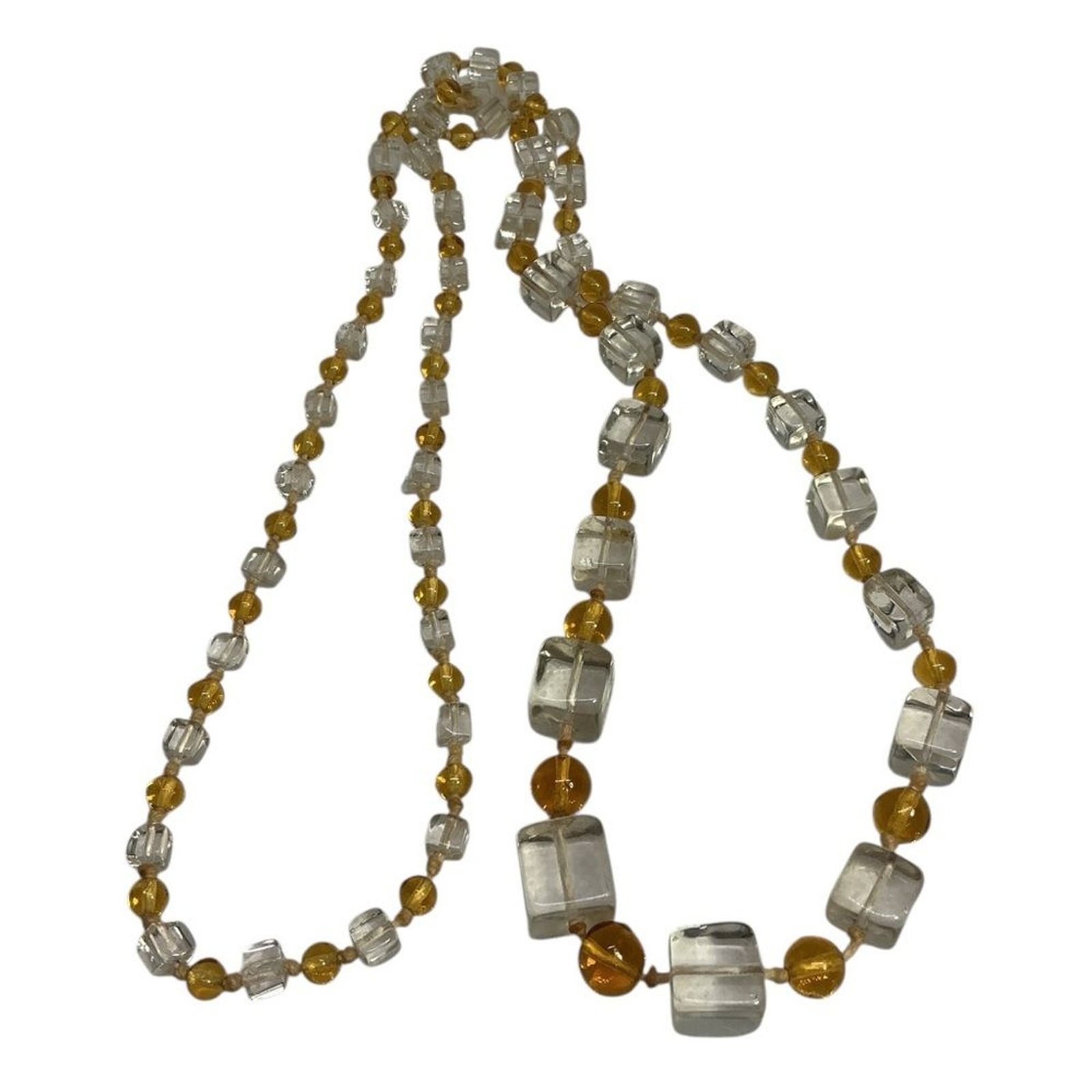 Vintage Czech Glass Necklace Yellow Graduated Cube & Clear Round Bead 36”