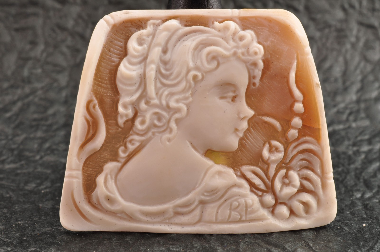 Vintage Trapezoid shell cameo carved “Girl’s profile” (20.0ct) sign by artist.