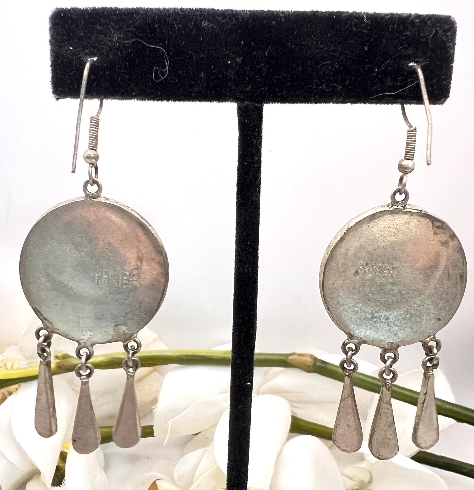 Vtg Abalone Inlay Onxy Flower Earrings MARKED ALPACA MEXICO Jewelry