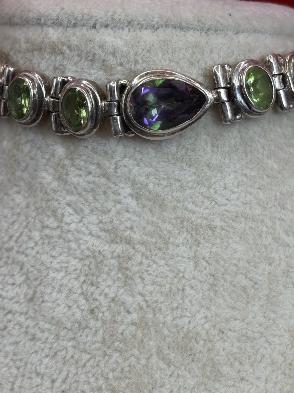 Vintage Sterling Silver Mystic Topaz Peridot Bezel Link Bracelet Adjustable 7-8″