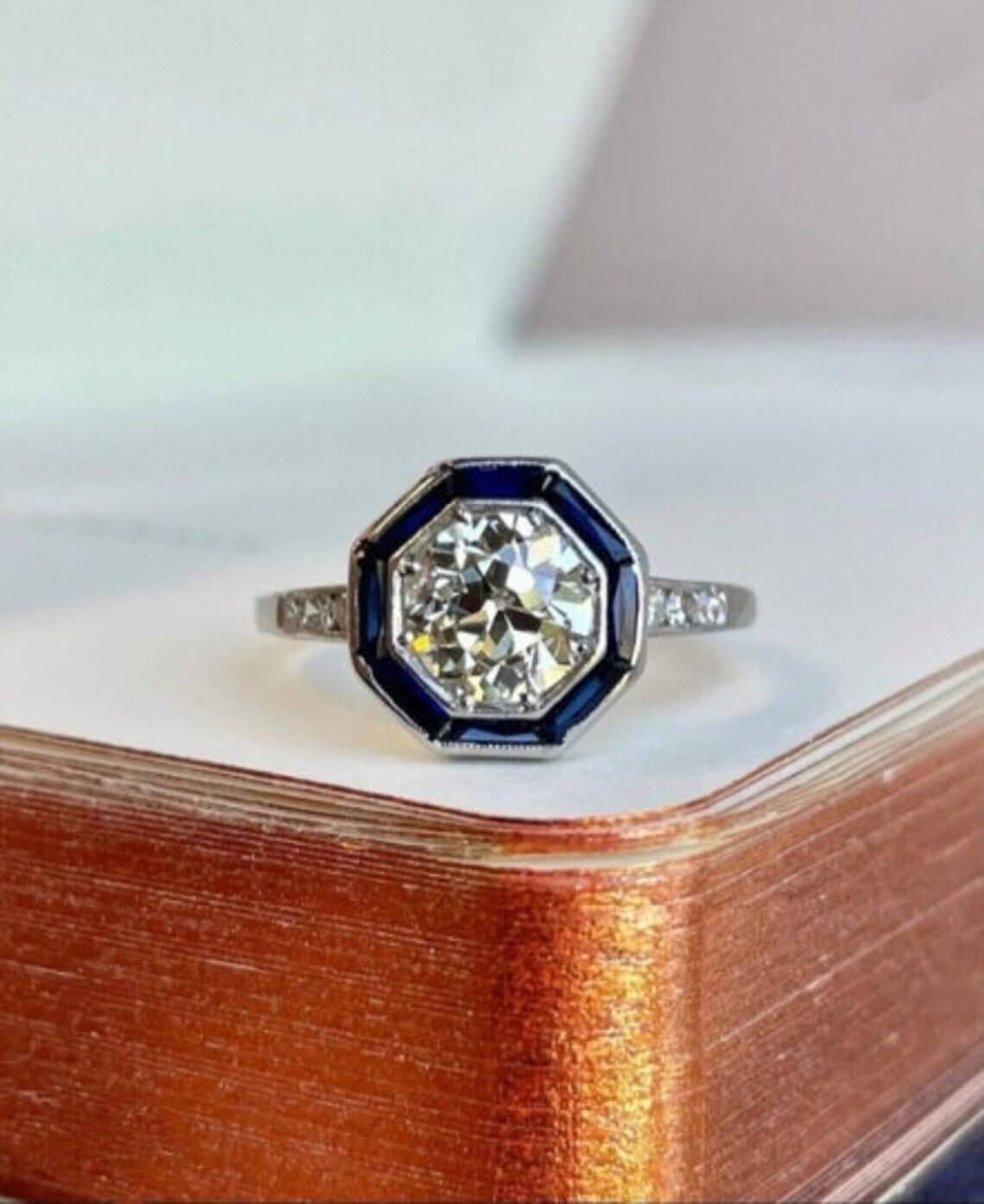 1890’s Moissanite & Blue Sapphire Halo Engagement Ring in 935 Argentium Silver