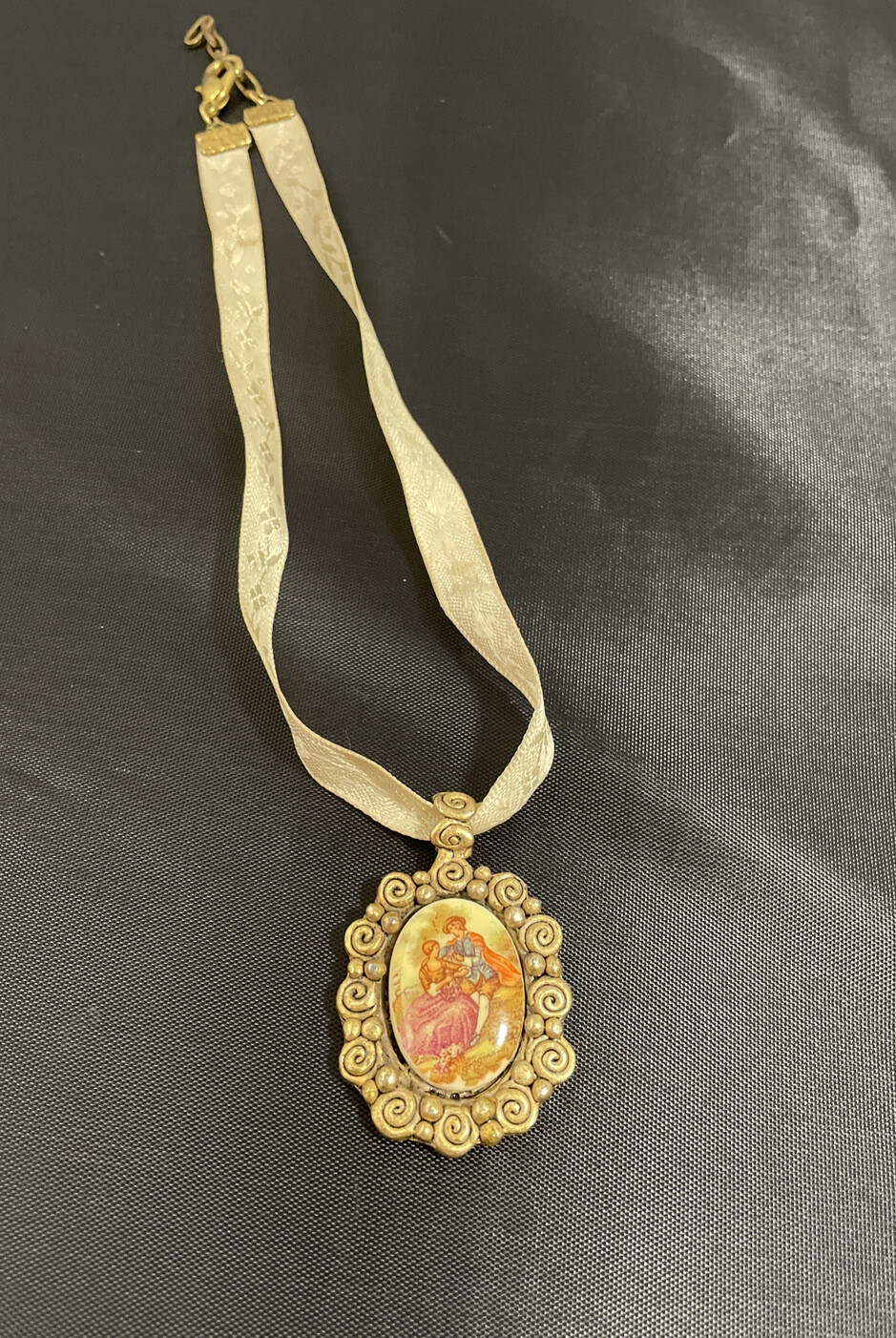 Vtg Chocker Hand Painted Victorian Lovers Porcelain Pendant EH Eivind Hillestad