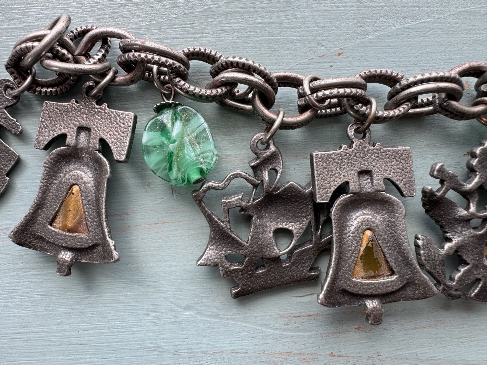 Vintage 1950s Silver Tone Chain Charm Bracelet Patriotic US Navy Liberty Bell