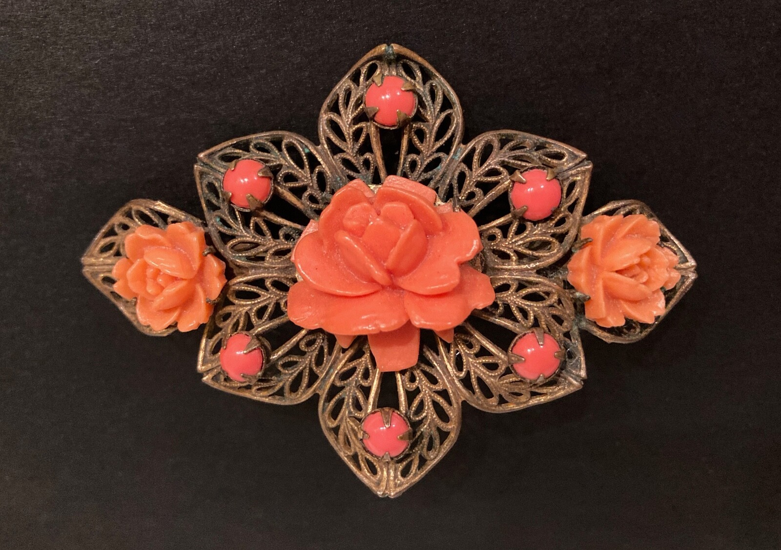 Vintage Rose Brooch Filigree Flower Floral Cut Out Prongs Leaf Peach Coral Pin