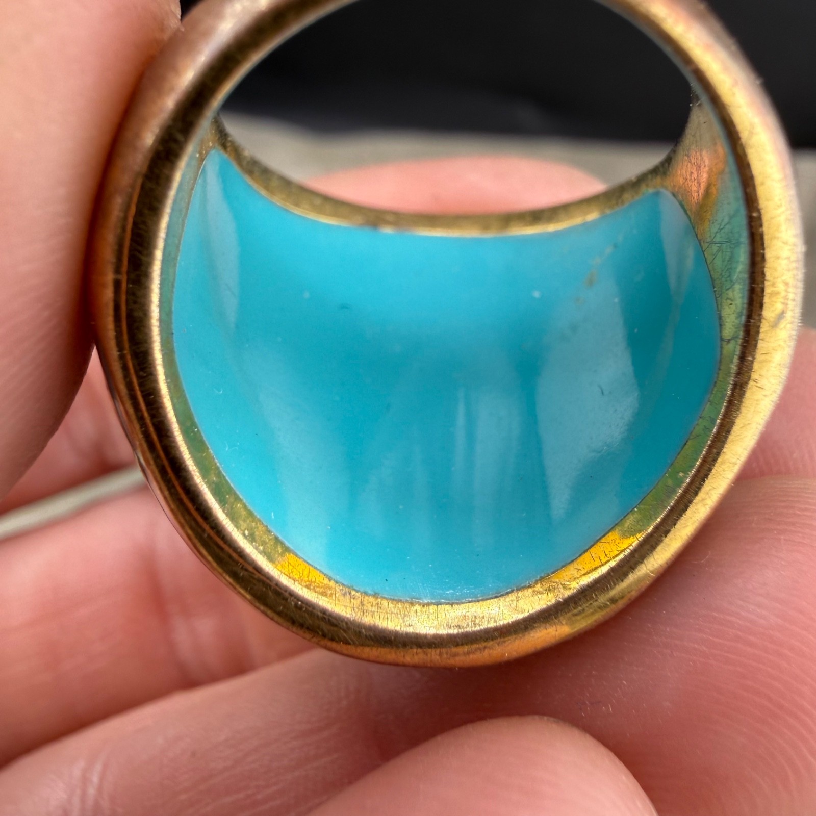 Enamel Dome Ring Blue Abstract Stainless Steel Gold Tone Size 8.75
