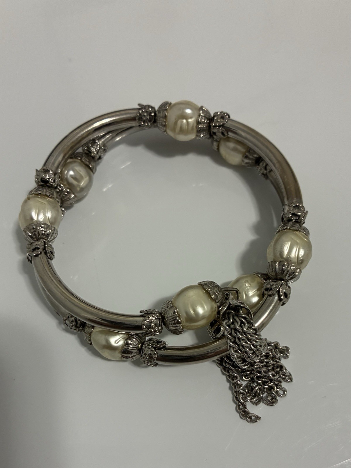 Vintage wrap around silver tone bracelet with Faux pearls and chain tassels 15”