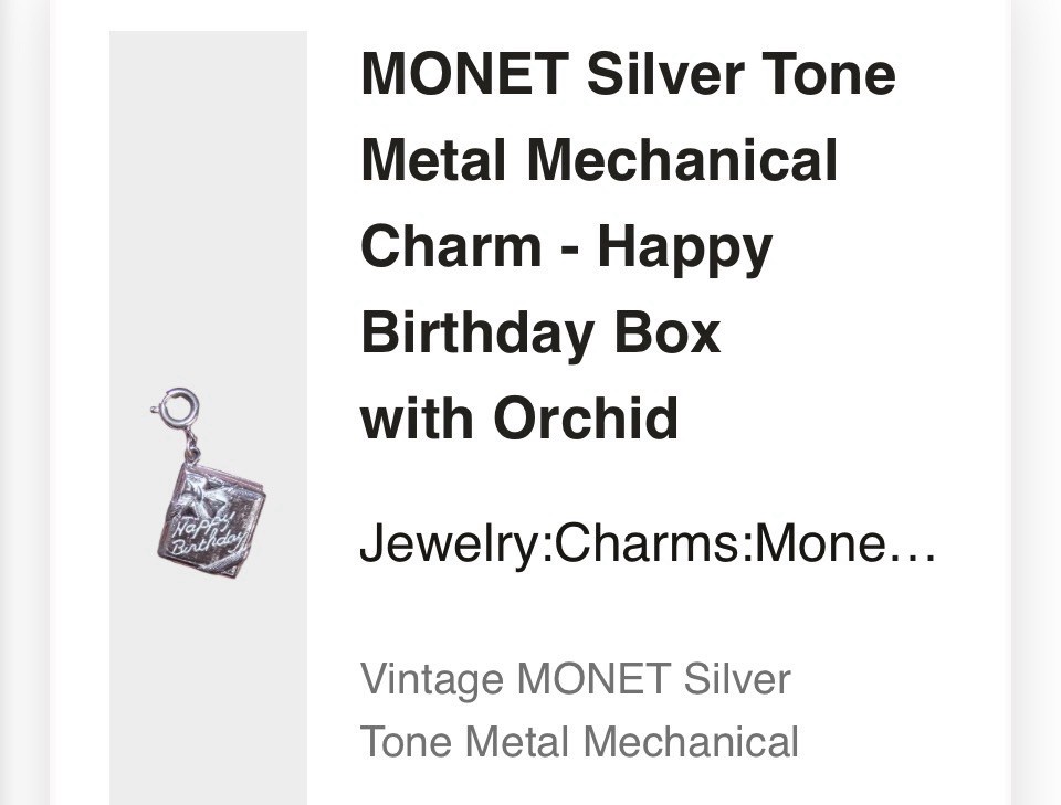 MONET Happy Birthday charm flower in box silvertone metal spring ring vintage
