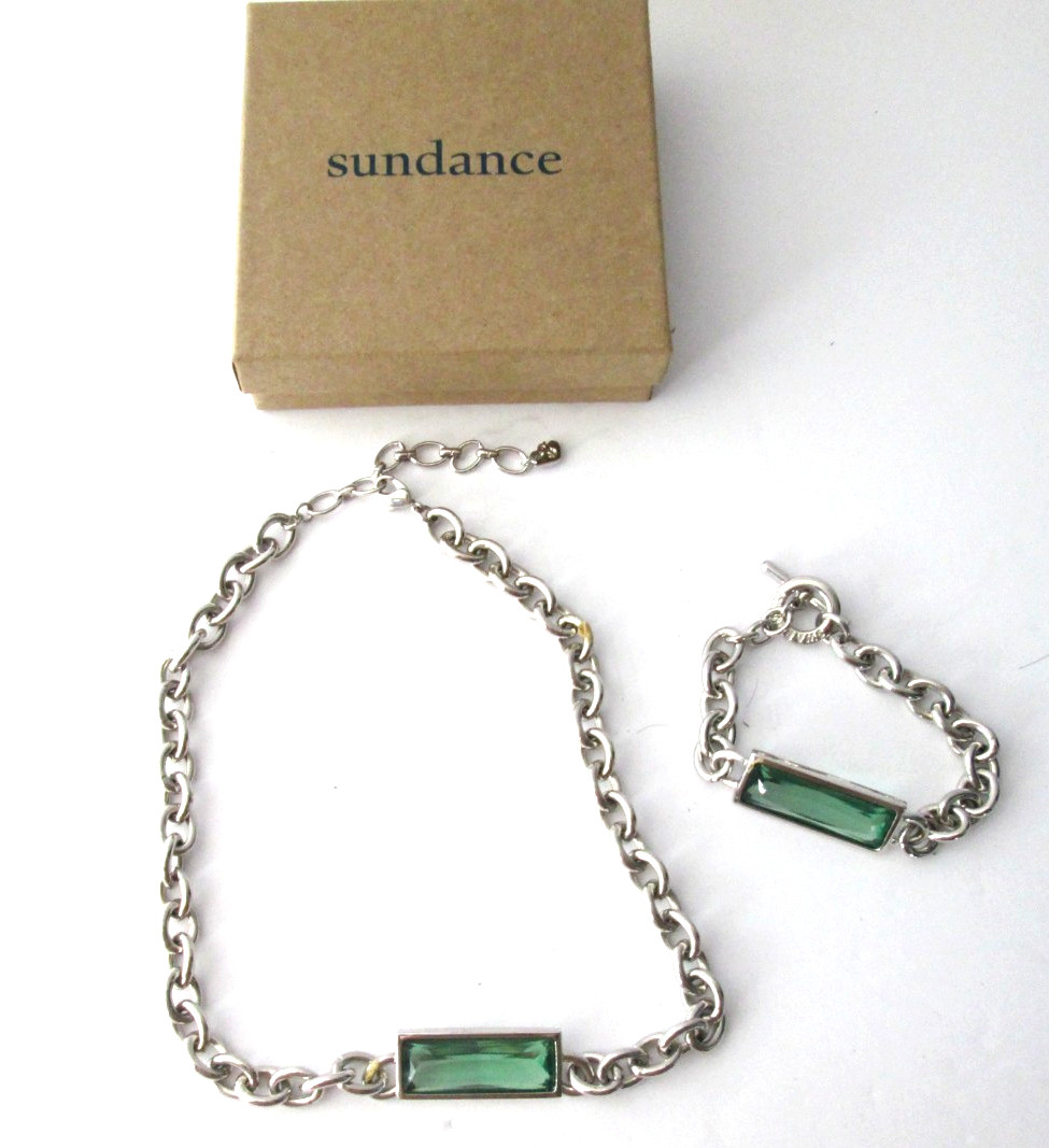 Swarovski Green Crystal 16″ Necklace and 7″ Bracelet Set Silver Chain Link