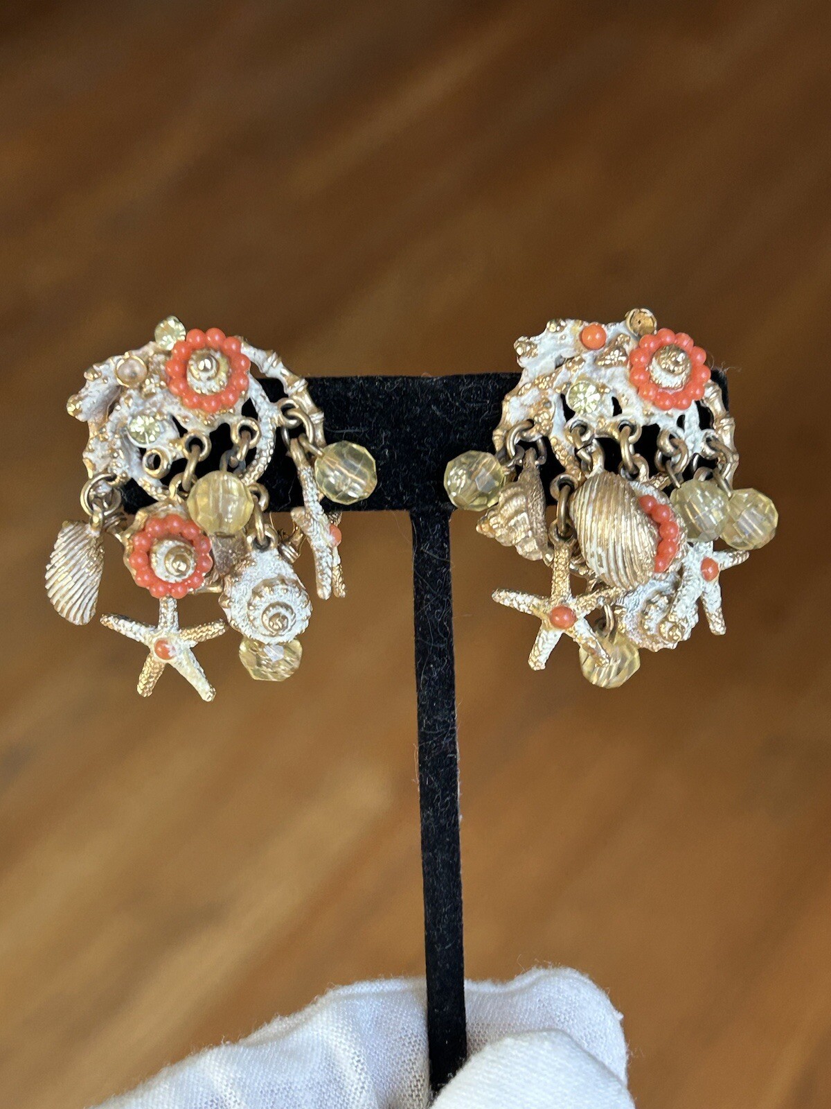Vintage ART Arthur Pepper Clip Earrings Dangle Shells Beach AB Crystals REaD