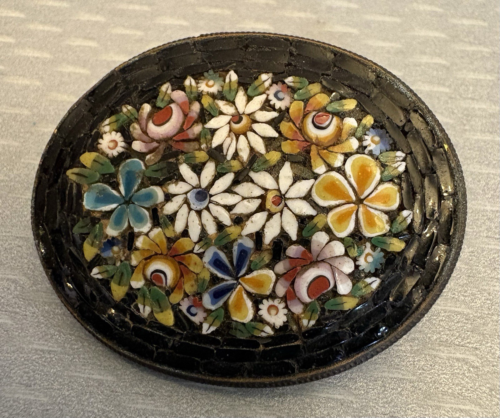 Antique Micro Mosaic Brooch Signed FAP Italy Black Daisy Bouquet Brass C hook