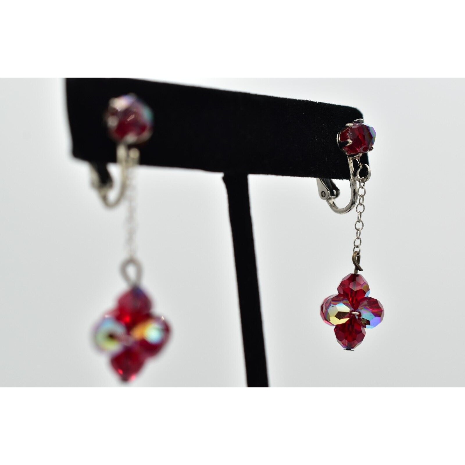 Vintage Red AB Crystal Clip On Earrings Dangle Drop Aurora Borealis 1950s A24