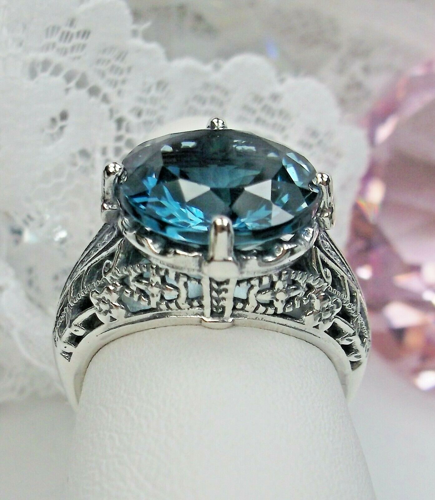 NATURAL London Blue Topaz Sterling Silver Filigree Ring Made To Order D#54