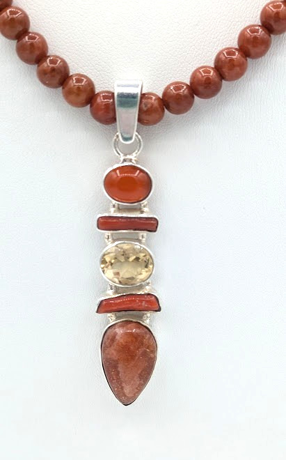 Vintage Sterling Silver Carnelian Citrine Pendant Necklace Goldstone