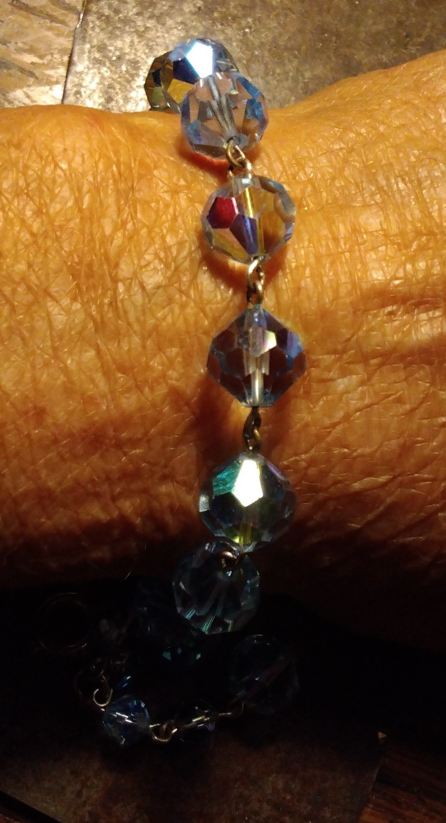 AURORA BOREALIS BLUE Heavy Link CRYSTAL BEAD 8″ BRACELET DANGLES Czech Glass VTG