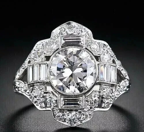 Art Deco Vintage Style 3Ct Lab Created Diamond Engagement 14K White Gold FN Ring