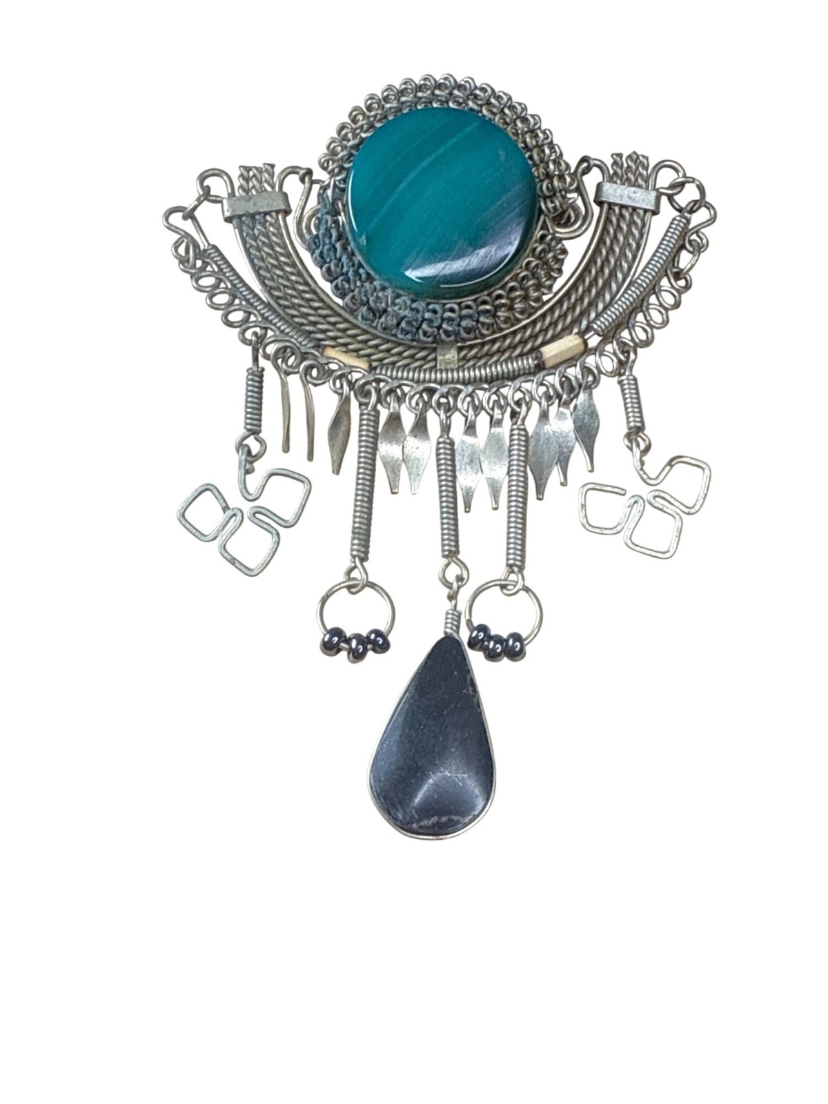 Vintage Silver Filigree Brooch Pin with Green Stone & Dangling Charms