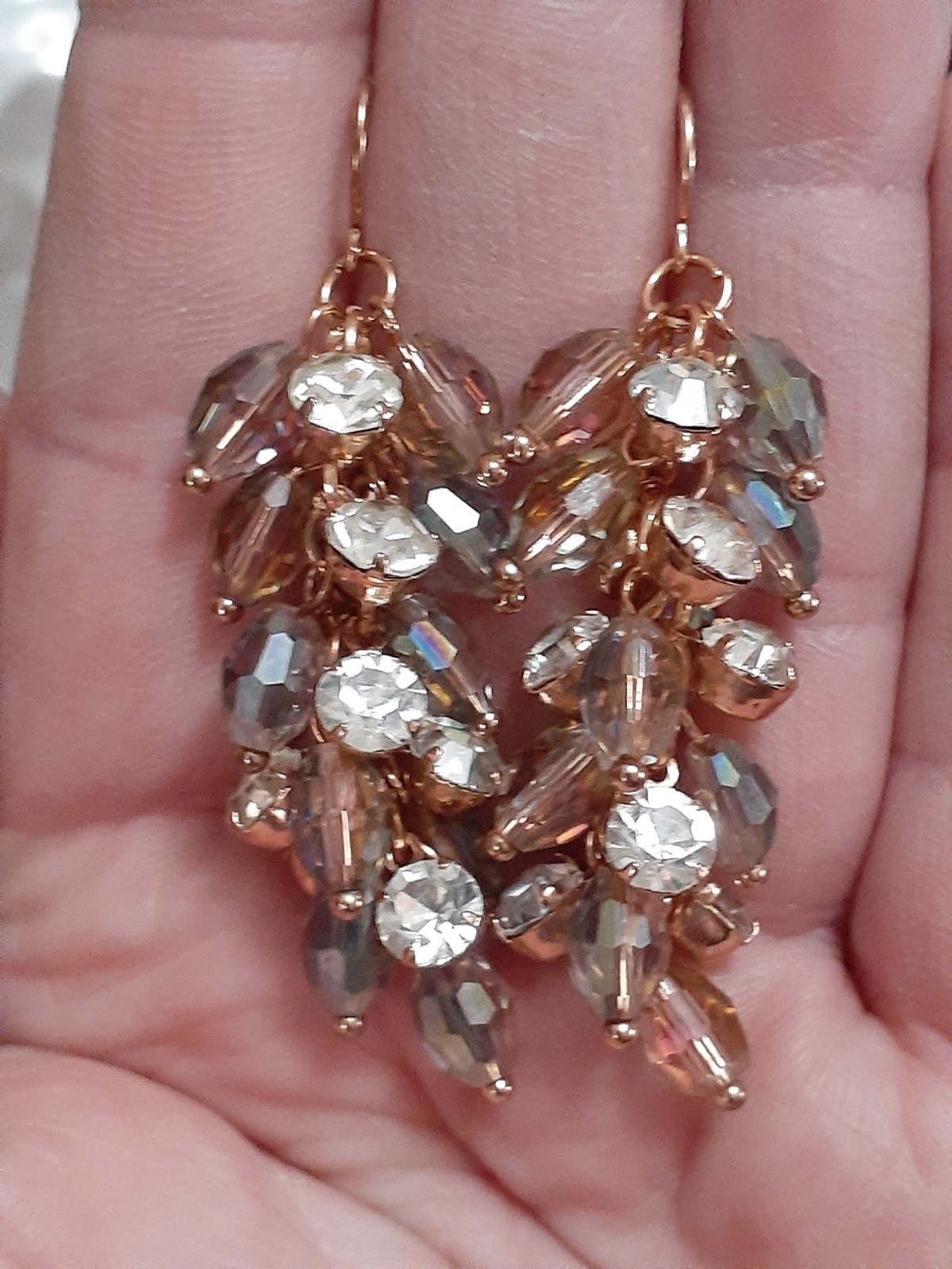 Fauceted lucite iridesent bead earrings & rhinestone cluster dangle drop style