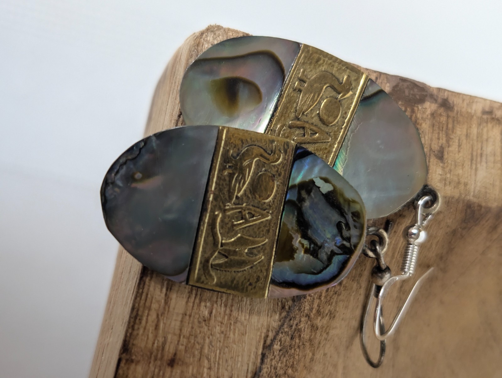 Vintage Alpaca Abalone Carved Sterling Silver Gold Tone Earrings Pierced
