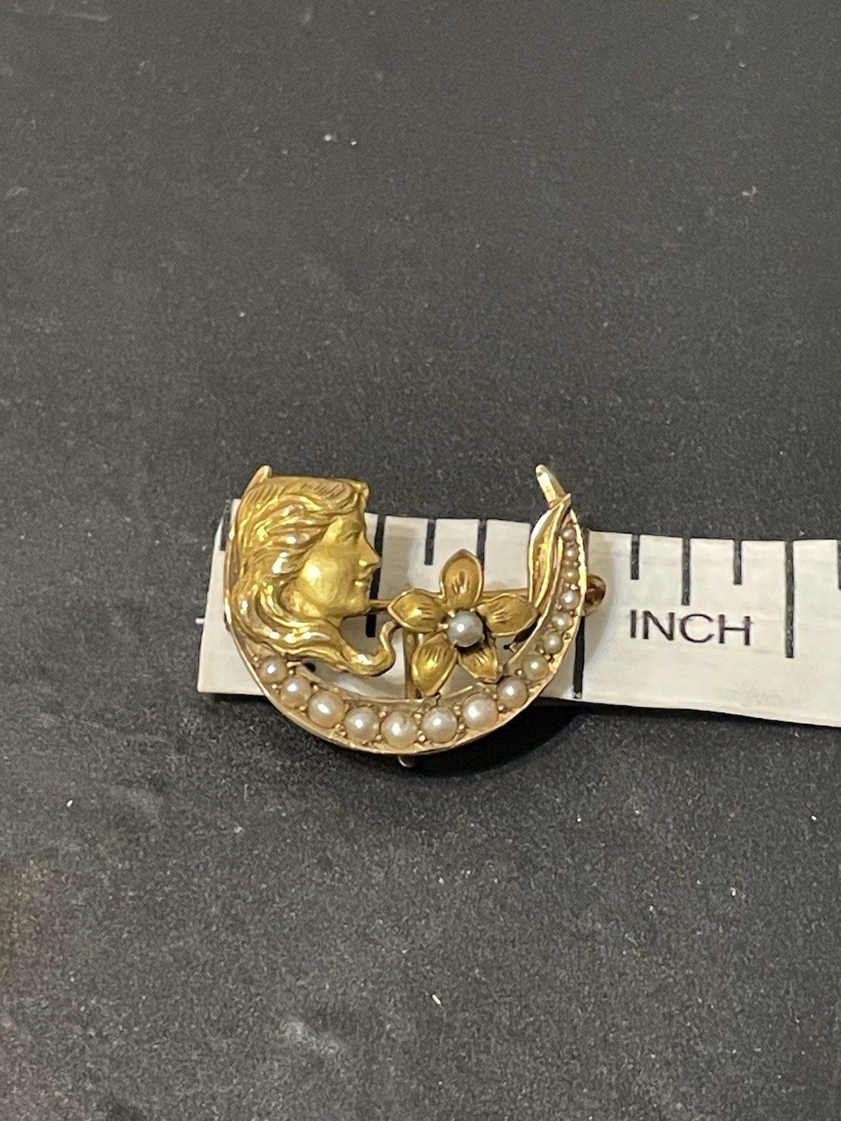 Vtg Brooch Pin Art Nouveau Deco 14K Gold Sees Pearl Woman Crescent Moon Flower